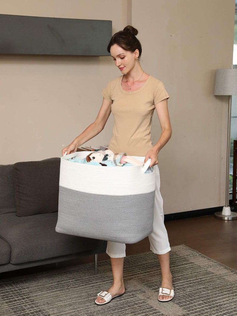 Cottonphant 22"x14"x18" Mega Size Rectangular Extra Large Storage Basket, Rectangular Cotton Rope Storage Baskets, Woven Laundry Hamper, Cloth Storage Bin, for Clothes Blanket in Living Room, Grey Basket - Image 4